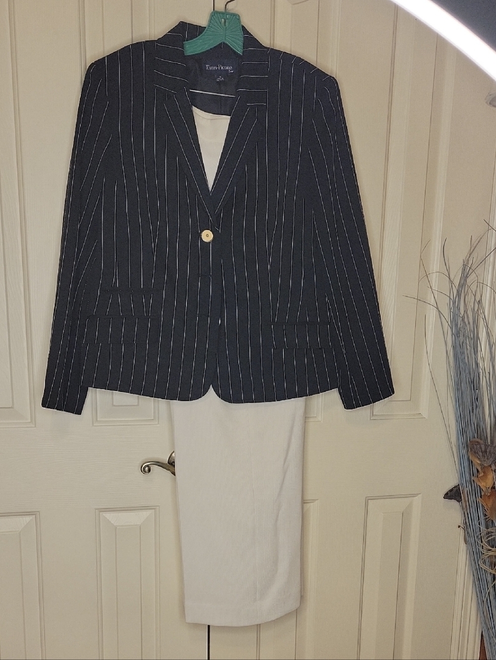 Evan Picone Navy Pinstripe Blazer with White Stripes And White Pants Womans Suit